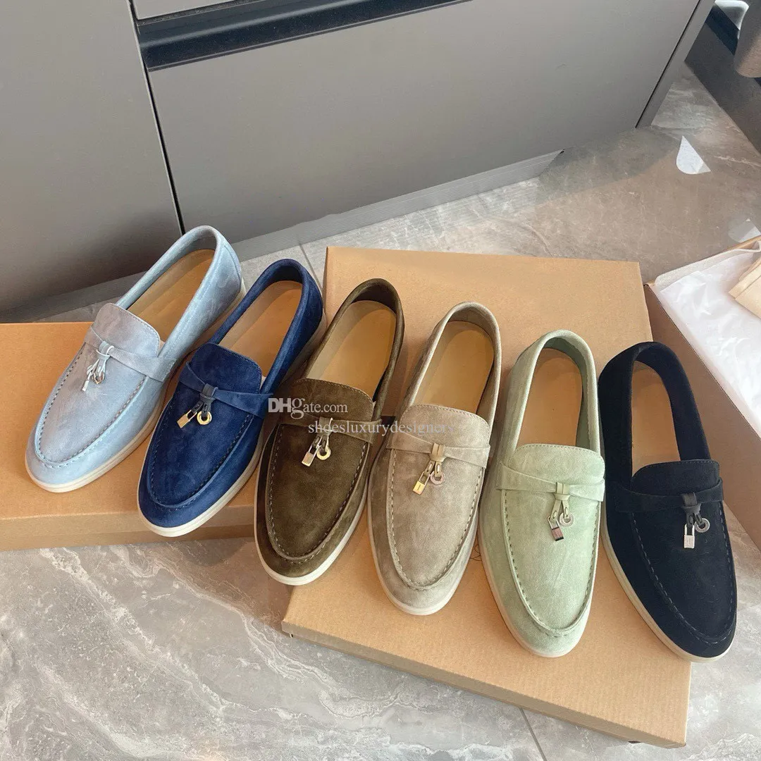 Summer Walk white sole shoes Charms embellished suede loafers Moccasins Genuine leather casual slip on flats for Unisex Luxury Designer Dress shoe factory footwear