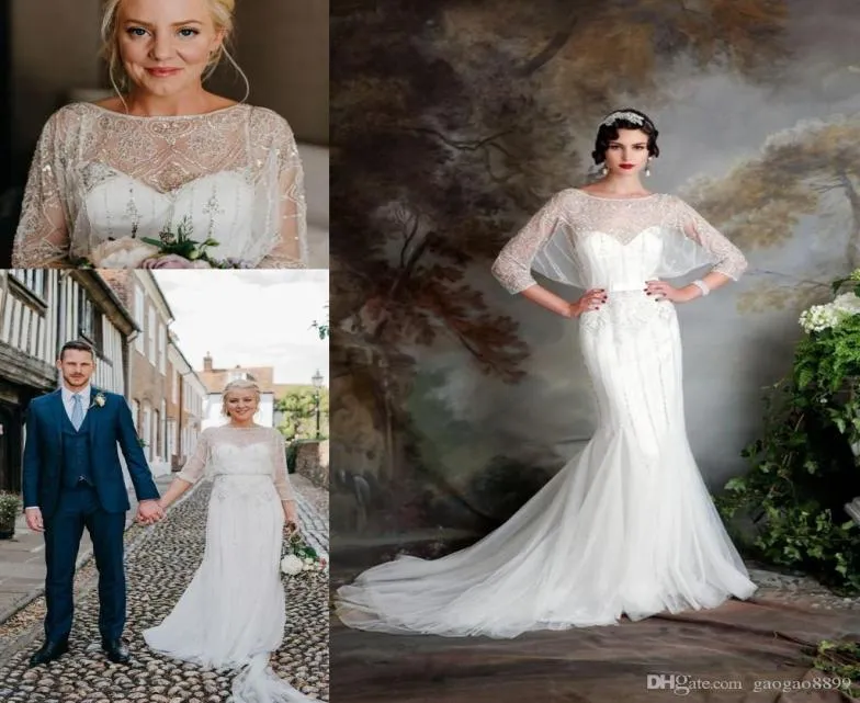 Great Gatsby Vintage Luksusowe sukienki ślubne w 2019 Modest Jenny Packham pół zbiórki z koralikami Suknie ślubne Eliza Jane H4039631