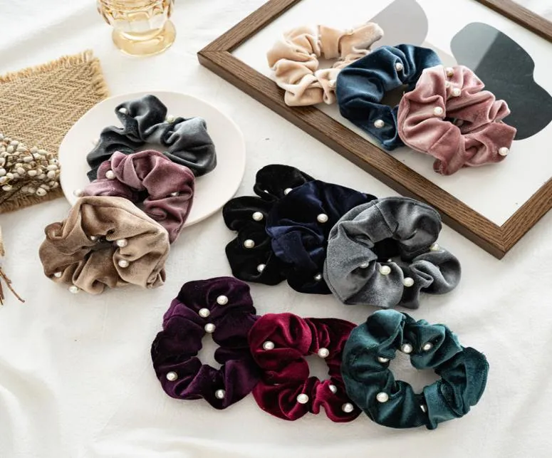 Scrunchies de cabelo com pérola Girl Velvet Elastic Hair Bands Gordas de cabelo intestino para mulheres Acessórias de cabelo de rabo de cavalo M315892073