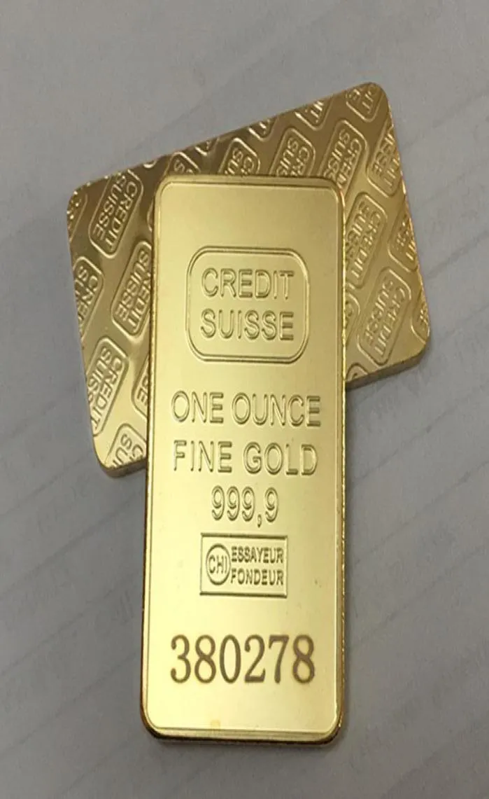 10 pcs Non Magnetic CREDIT SUISSE ingot 1oz Gold Plated Bullion Bar Swiss souvenir coin gift 50 x 28 mm with different serial lase2833616