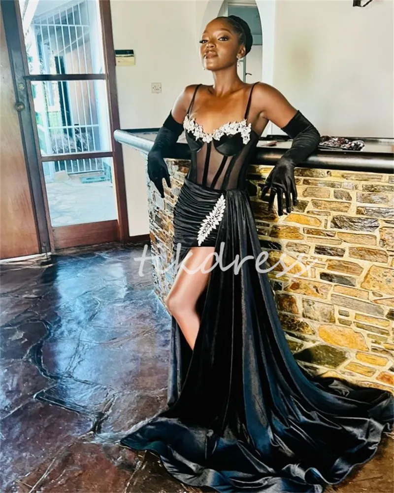 Sexy High Slit Prom Dresses For Black Girls Spaghetti Straps Velvet See Through Birthday Formal Dress Beaded African Evening Gown 2024 Vestidos De Fiesta Elegant