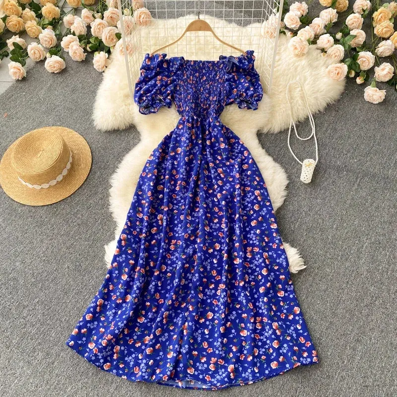 Mode Blumenwäsche Langkleid Rüsche Maxi Sund. Böhmische Frauen Sommer sexy lässige elegante trägerlose Vestidos 240408