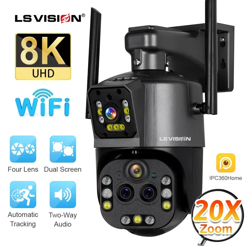 Caméras LS Vision Ultra 8K WiFi IP Camera 20x Optical Zoom Outdoor Wireless 4K Four Lens Doudal Screens Ptz Cam Auto Tracking CCTV CAME