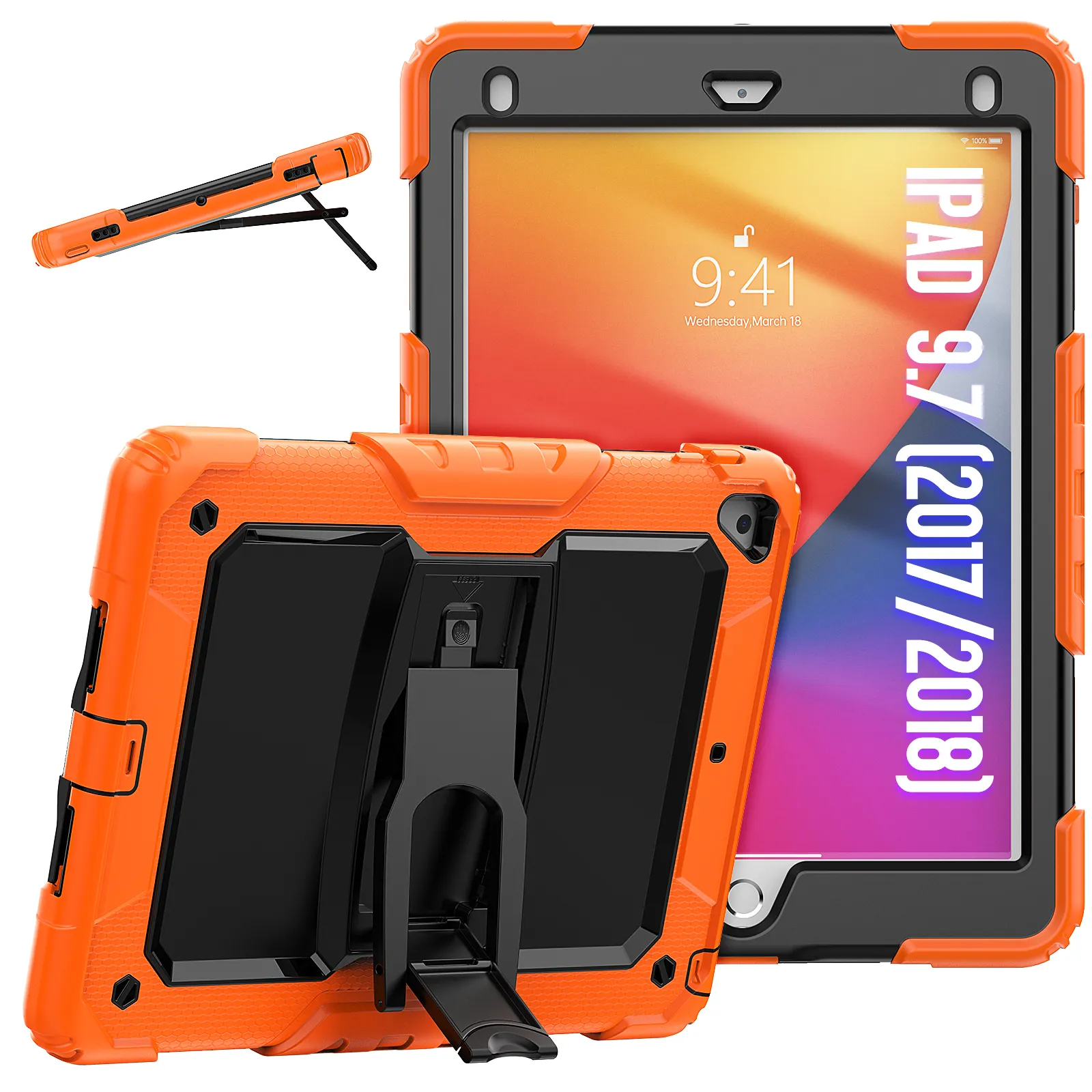 Justerbar kickstandschockfodral för iPad Pro 9,7 tum Air2 Silikon PC Hybrid Armor Rugged Case Drop Proof Tablet Cover Shoulder Strap+Screen Protector