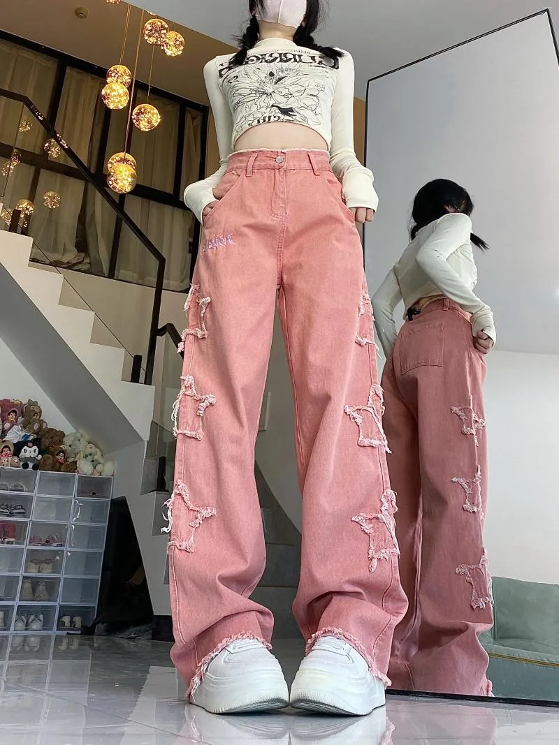 DHgate.com:WCFCX STUDIO Pink High-Waisted Wide-Leg Denim