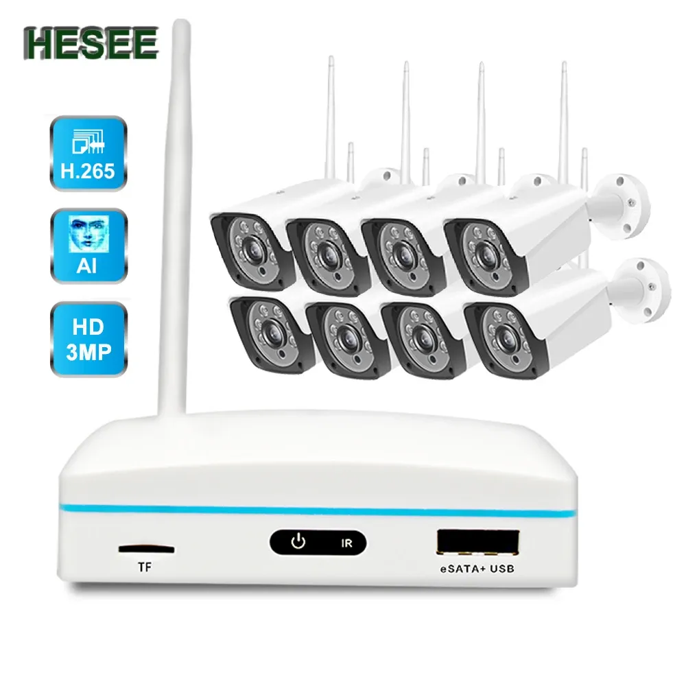 SISTEMA HESEE WiFi Surveillance Kit CCTV CAMERA DI SICUREZZA HASSE SISTEMA WIRELESS 8CH NVR Impostato OUTDOOR H.265+ 3MP Riconoscimento facciale Cloud P2P