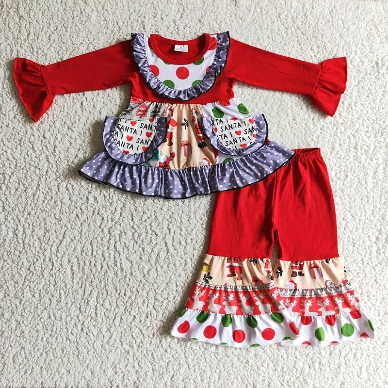 幼児の子供クリスマスサンタ服女の女の子フリル長袖ポケット鹿コットンベルパンツセット卸売子供服240323