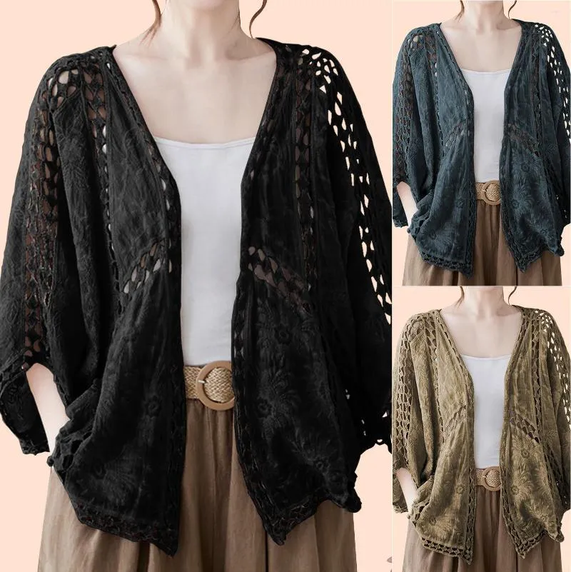 Tricots pour femmes vintage creux de crochet cardigan veste cape jeste saligans solides t-shirts 2024 printemps élégant femelle