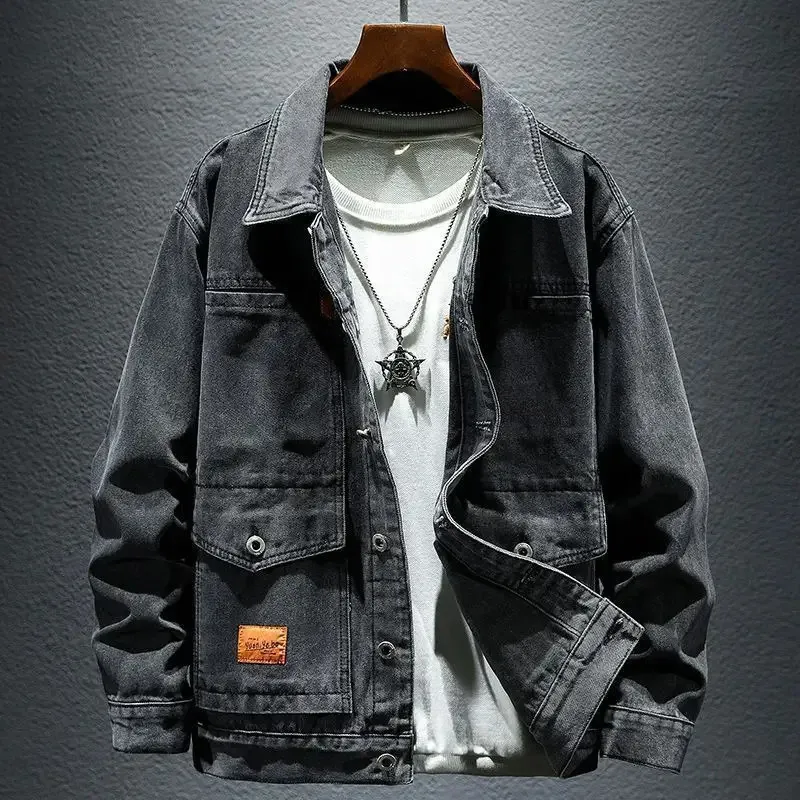 Denim Jackets Man Cargo Button Jeans Coat for Men Gray One Piece Cowboy Washed Clothing Outwear Fast Delvery Korea High Quality 240319