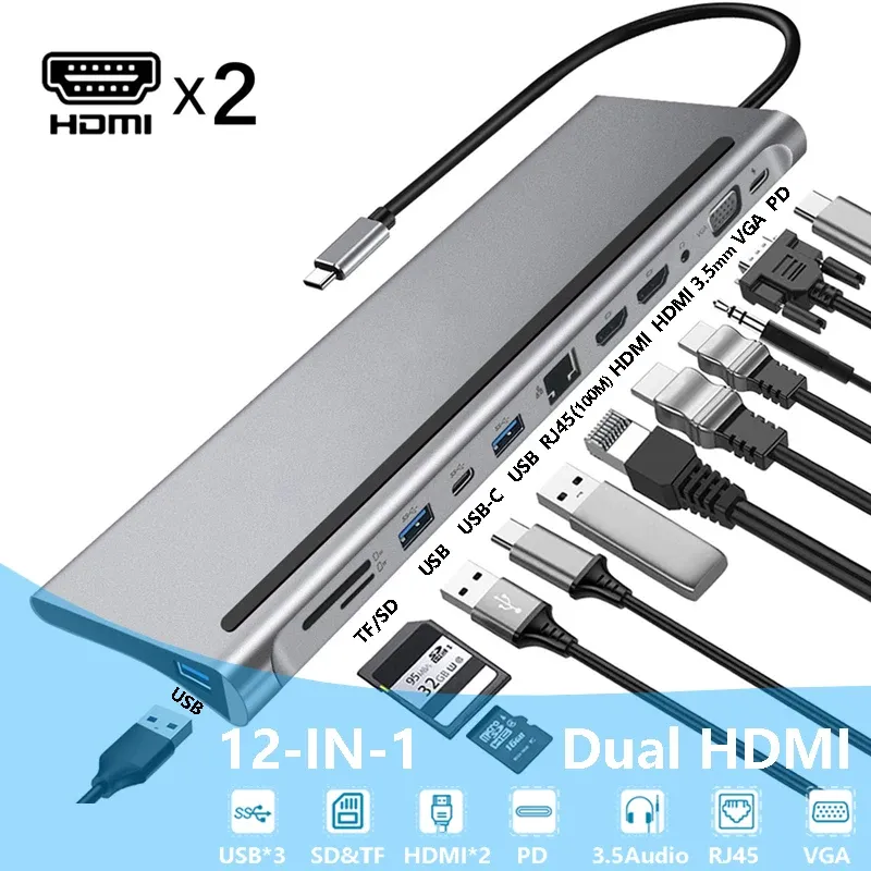 Stazioni USB C dock Dual Hdmicompatibile VGA USB Hub Adattatore di tipo C Laptop Docking Station per HP EliteBook Dell XPS Lenovo Thinkpad Asus