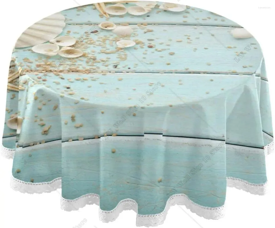 Tafelkast zomer shell strand ronde tafelkleed 60 in wasbaar blauw zeester bord cirkelvormig polyester kant voor keukendecoratie