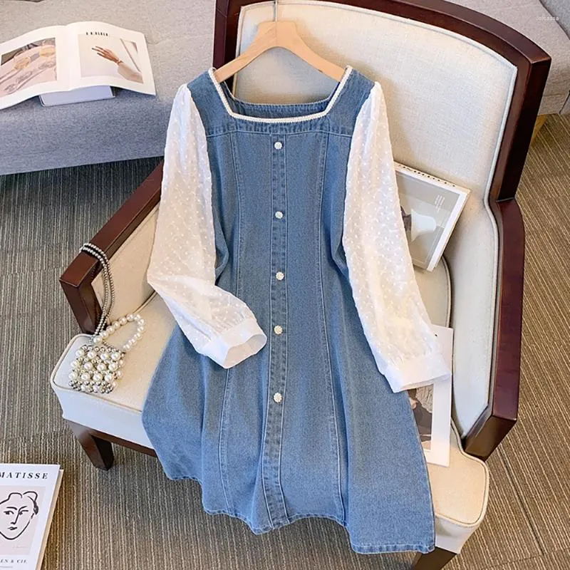 Casual Dresses Size M-4XL Denim A-line Dress For Women Lace Long Sleeve Square Collar Jean Female Spring Summer Oversize Slim