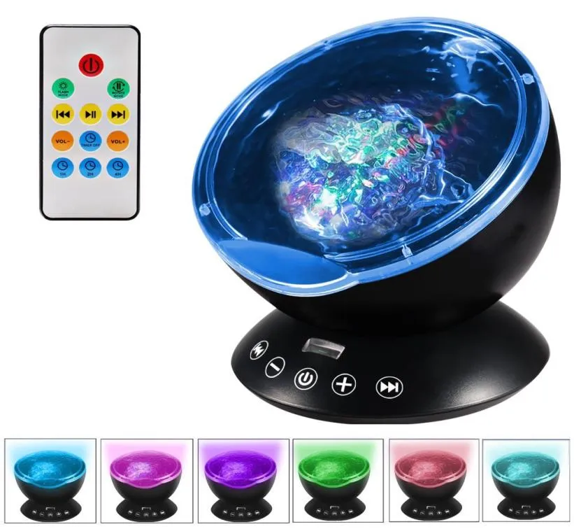 Nyaste design Remote Control Ocean Wave Projector 12 LED 7 färger nattljus med byggd mini -musikspelare för vardagsrum B3040114