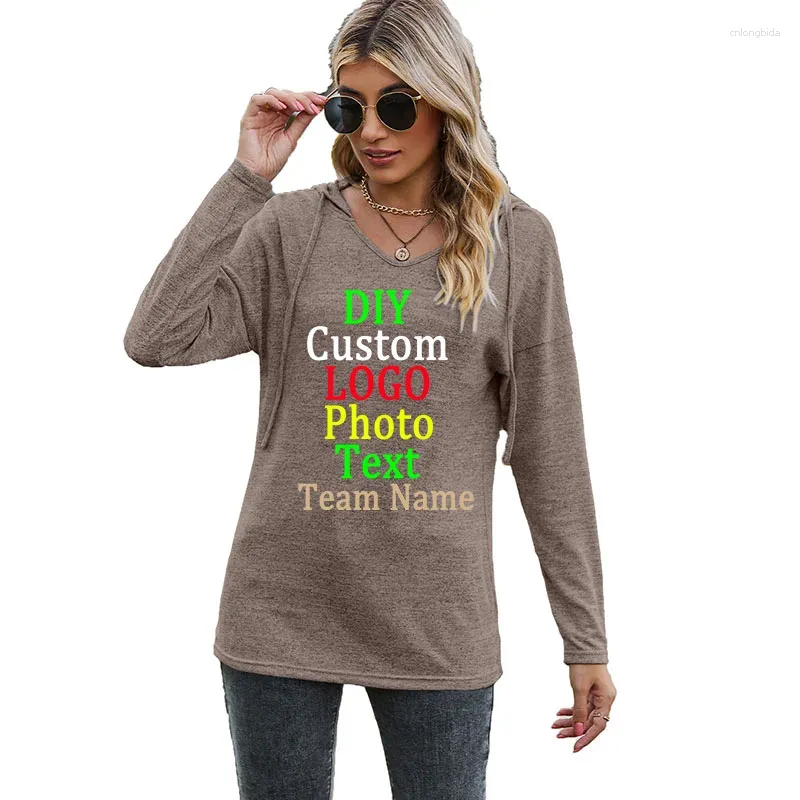 Frauen T-Shirts Europa die Vereinigten Staaten 2024 Herbst Winter Solid Color V-Ausschnitt mit Kapuze mit langärmeligen Freizeit-T-Shirt Custom Logo