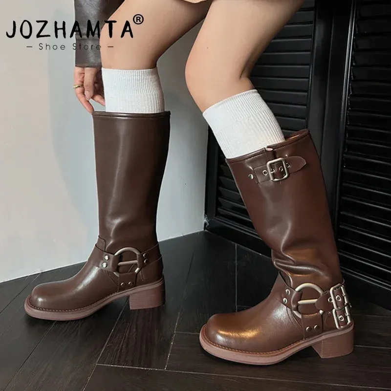 34-42 JOZHAMTA Vintage storlek 568 Western Women äkta läder knähöga stövlar tjocka höga klackar hösten vinterskor kvinna retro 240407 a