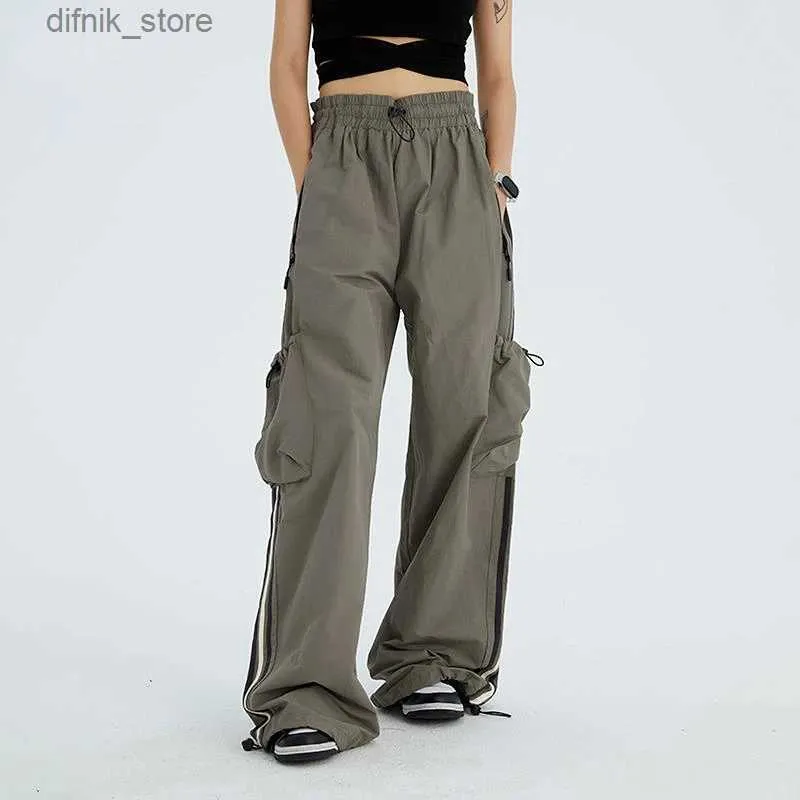 Frauen Jeans Harajuku Frauen übergroße Frachthosen Strtwear Hip Hop Shirring Kontrast Farbe Streifen gerade Bein Mode Casual Hosen Y240408