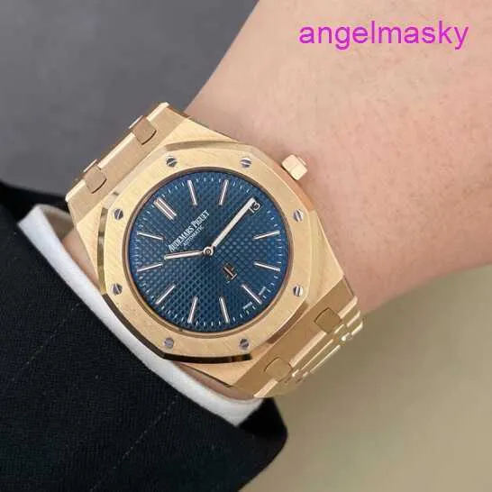 AP Wristwatch pour les dames Royal Oak Series 15202or Mens Watch Blue Disc 18K Rose Gold Business Loissine Automatic Mécanical Watch Date 39 mm Set complet