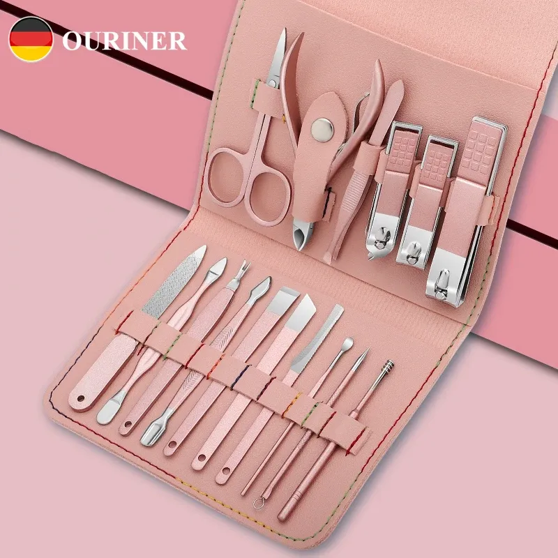 Kits schoonheidsmake -upgereedschap roze set nagelset roestvrijstalen nagel knipperklipsen ingesteld met vouwtas manicure cutter kits schaar