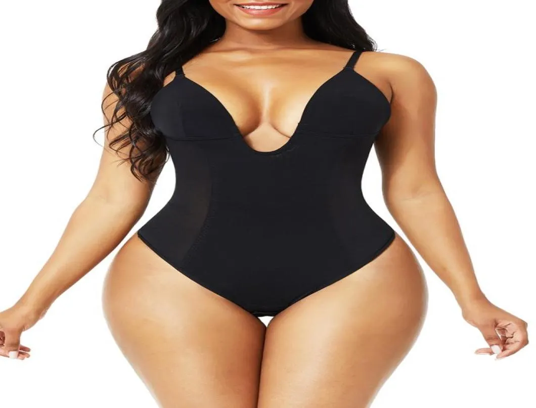 Feelirl Mujeres Deep Bodysuit Slimming Body Shaper U Lunga Bra tanga Correa sin espalda Cantera sin costuras Lencería sexy fajas 2106116549