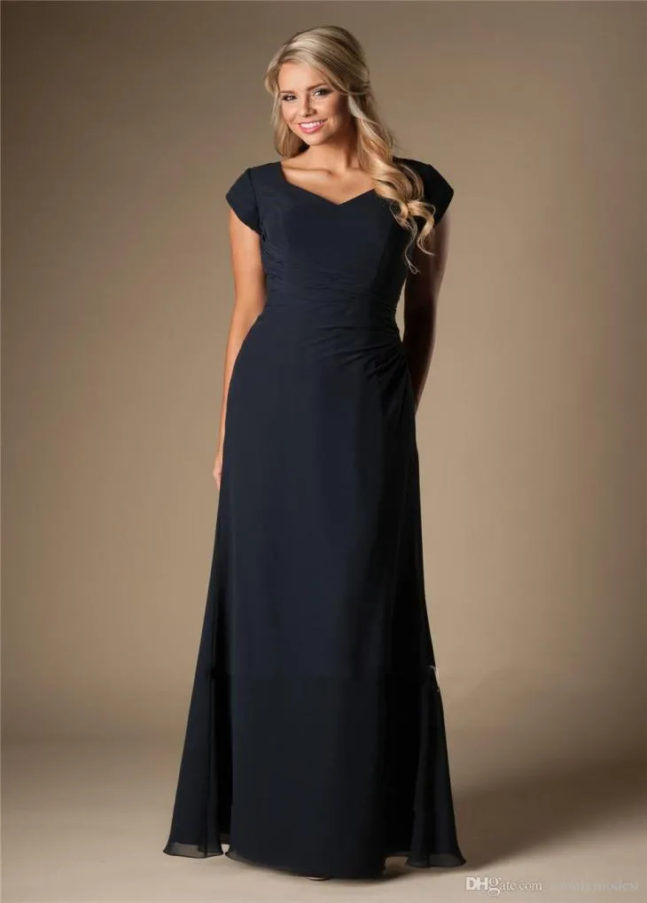 Dark Navy Blue Simple Mmest Modest Modest Bridesmaid Robes Clônes courtes Long Floor Mariage bon marché Robes Summer Summer 2238762
