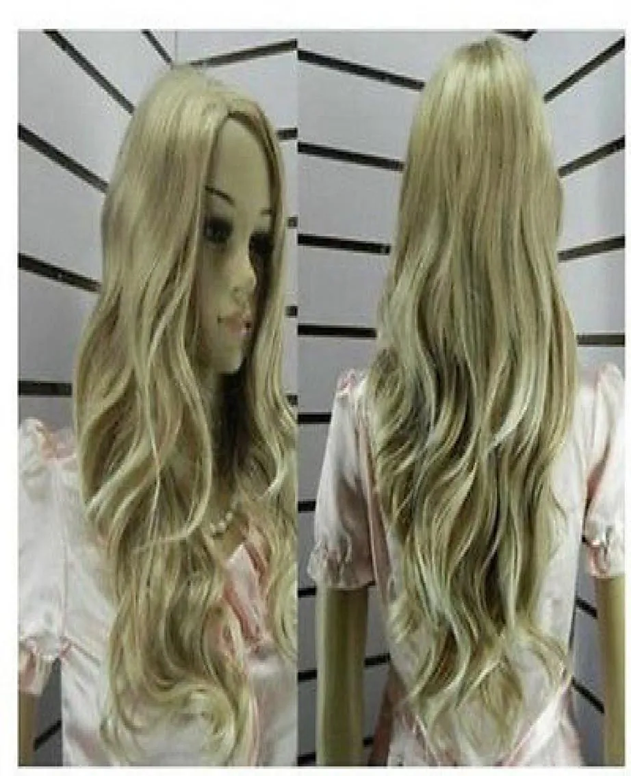 Cosplay ny blond blandning lång curly mellersta avsked syntetiska wig7641755