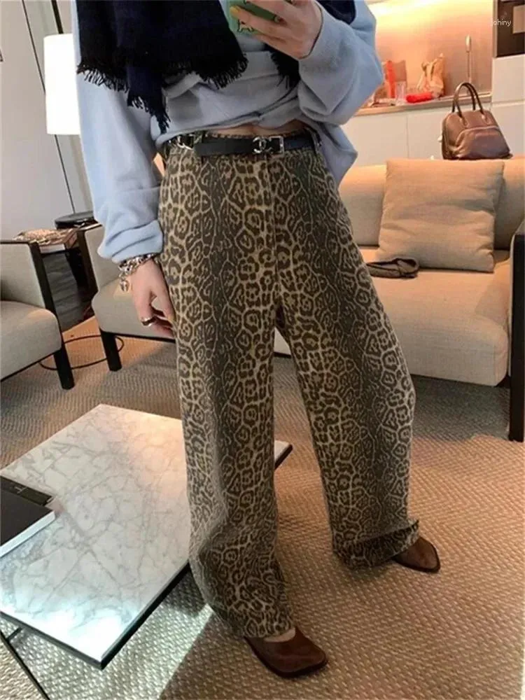 Kvinnors jeans leopard för kvinnor denim byxor hög midja y2k streetwear vintage byxor last casual baggy 2024 lös