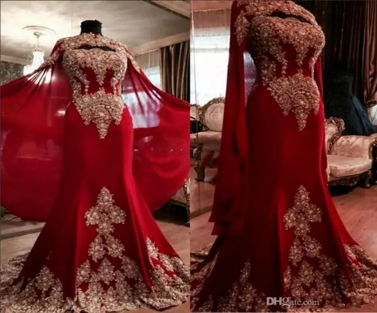 2022 Nya lyxiga spetsar Red Arabic Dubai Kaftan Evening Dresses Sweetheart Beaded Applique Mermaid Prom Dresses With Cloak Formal Par7522776