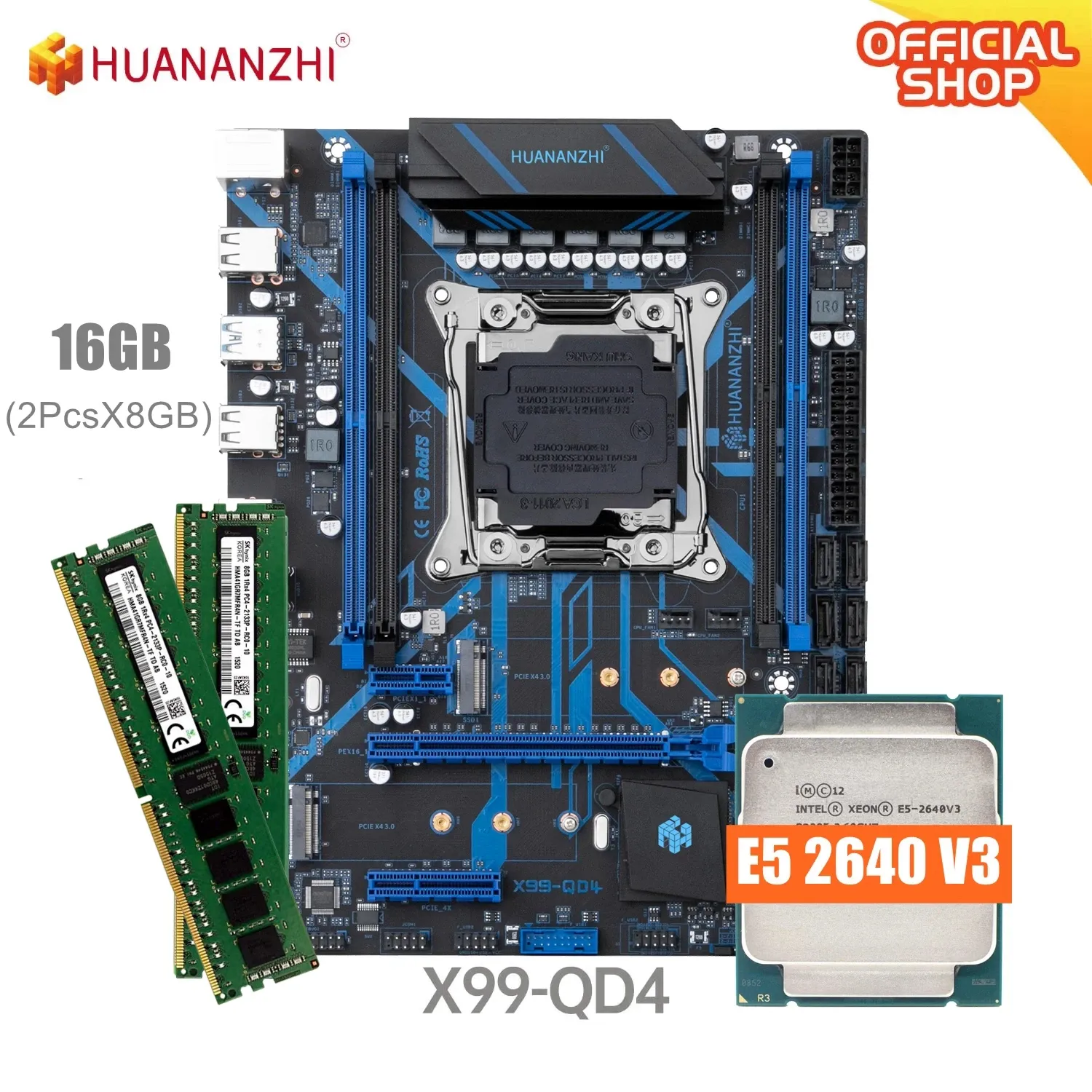 Drukarki Huananzhi QD4 LGA 20113 Zestaw płyty głównej Xeon X99 E5 2640 V3 16GB (2*8G) DDR4 RECC Pamięć NVME SATA USB 3.0