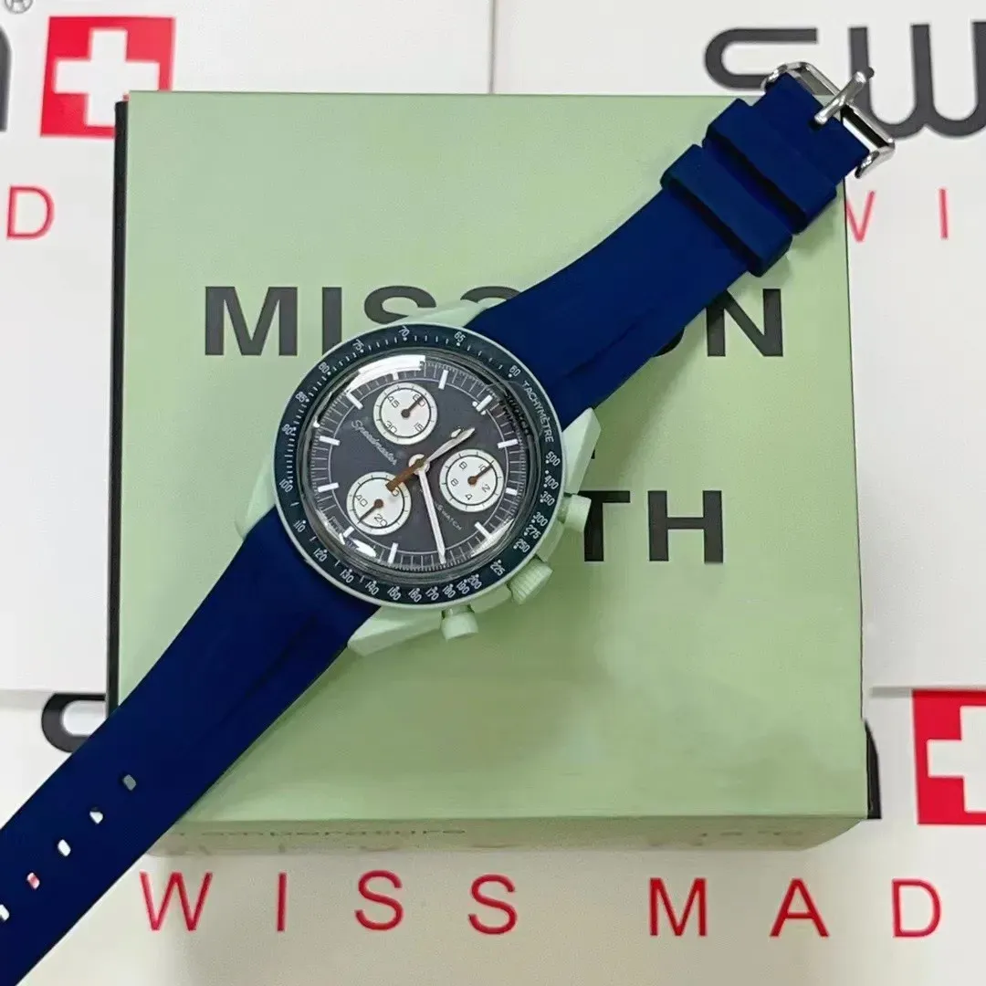 Bioceramic Planet Moon Mens الساعات كاملة الوظيفة Quarz ساعة مراقبة Mission to Mercury 42mm Silica Gel Luxury Watch Limited Edition Master Wristwatches OM1