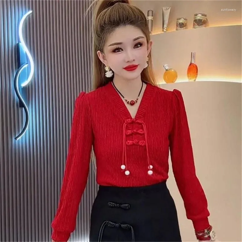 Damen T-Shirts V-Ausschnitt Quaste Tassel T-Shirt vielseitiges Basishemd Trendy Schnalle Falten rot Mode Vintage Top Chinese Style Schwarz schwarz