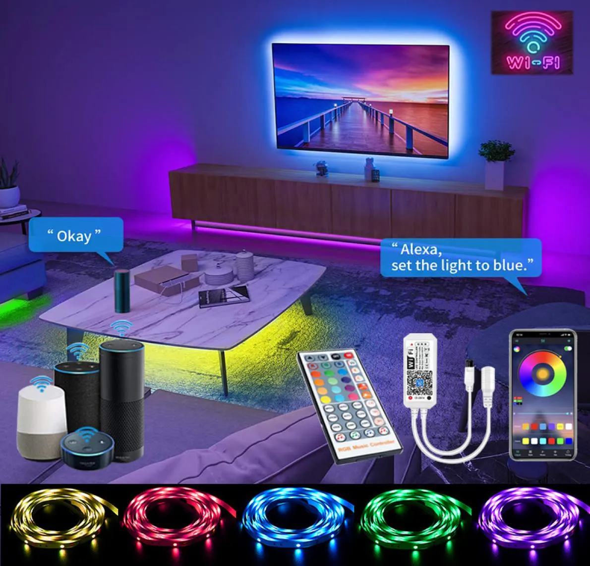 Светодиодные лампы 5M30M Mini Wi -Fi с приложением управления музыкой Sync Sync RGB Light 5050 SMD ленточная лента 44Keys IR Controller AC100240V1697283