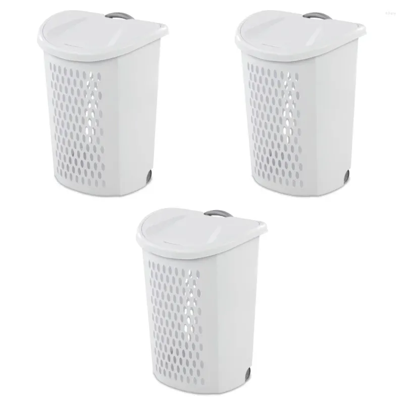 Laundry Bags Wheeled Plastic Basket For Clothes White Set Of 3 Hamper
