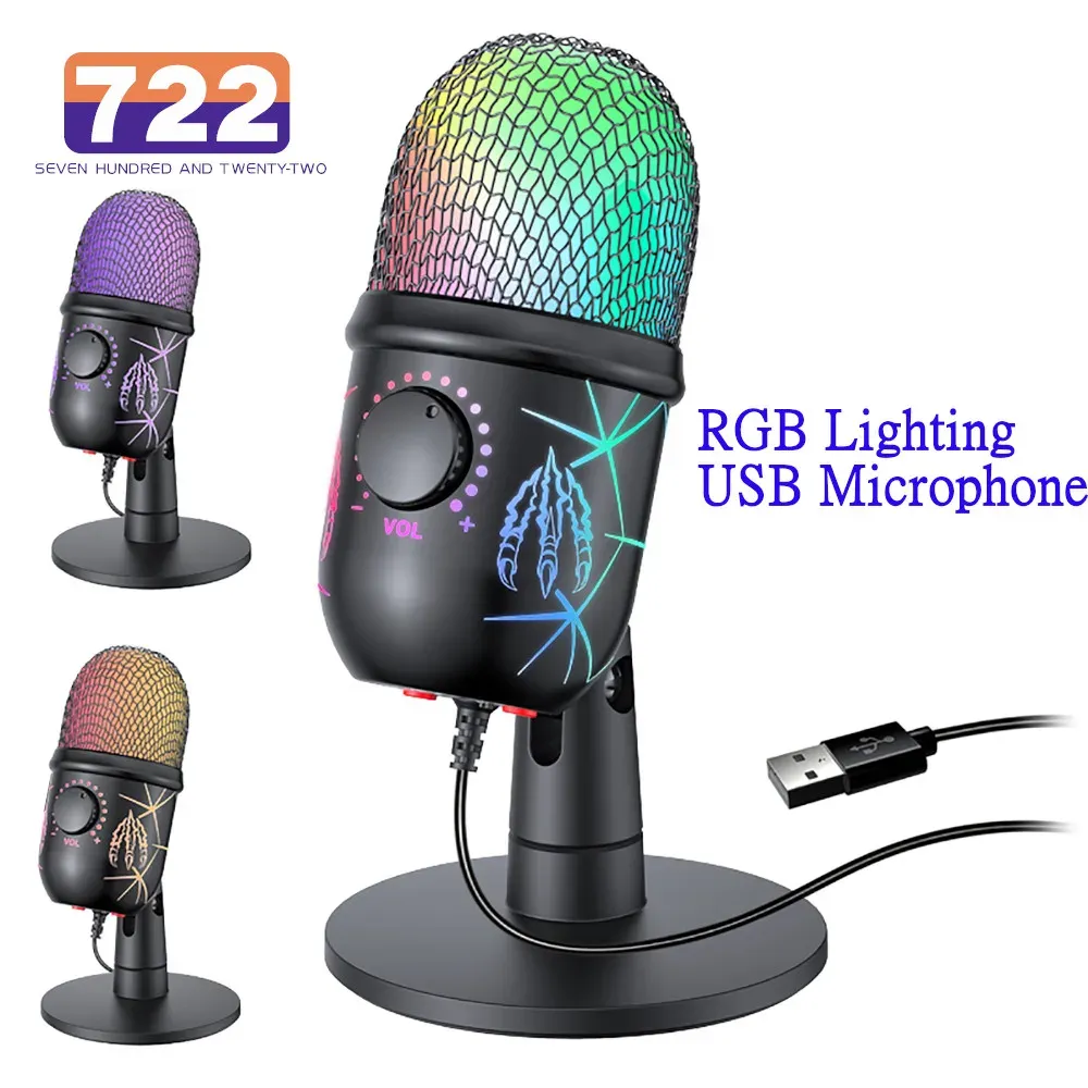 Mikrofonlar Profesyonel RGB USB Kondenser Mikrofon Oyun Studio Podcast Mic PC Bilgisayar Dizüstü Bilgisayar Video Oyun Kaydı RGB Aydınlatma