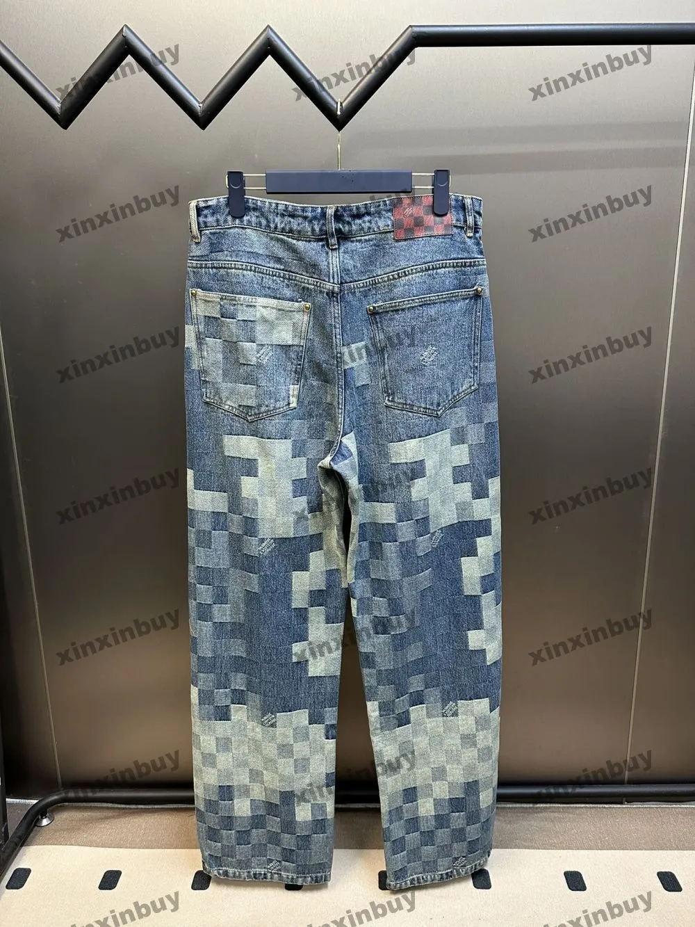 Xinxinbuy Men Designer Pant Paris Mosaic Chessboard Grid Denim Spring Summer Casual Pants Black Blue S-2xl