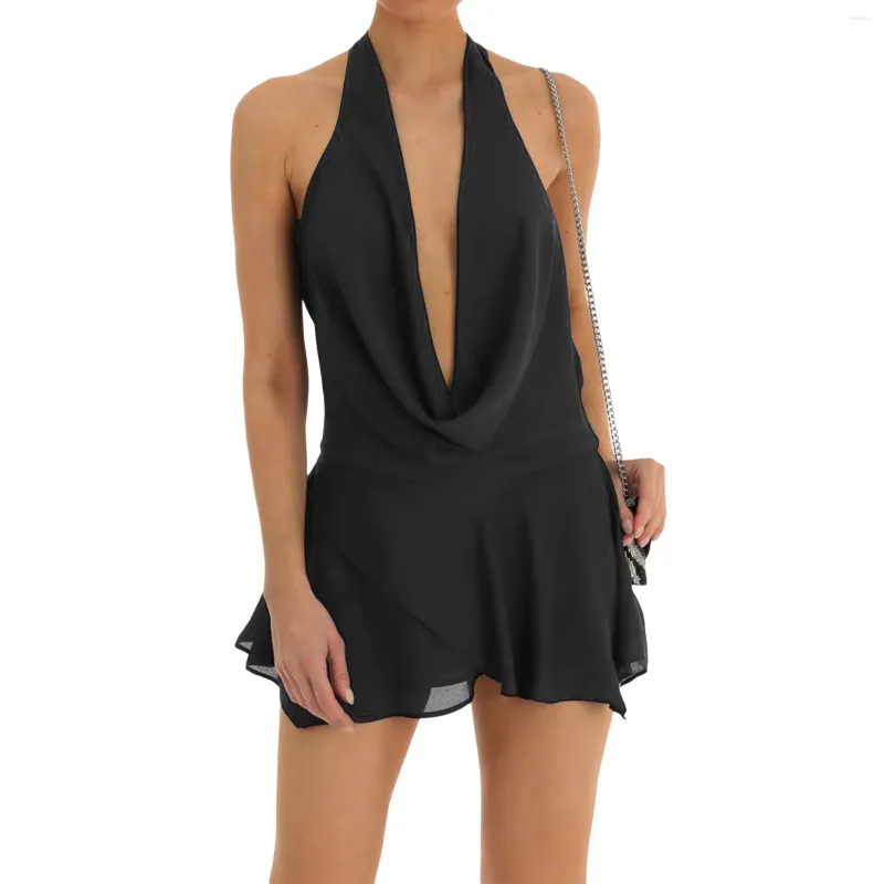 فساتين غير رسمية Hirigin Women Y2K Halter Mini Dress Trim Trim V v Neck Short Ruched Open Back Bodycon Party Sexy Clubwear