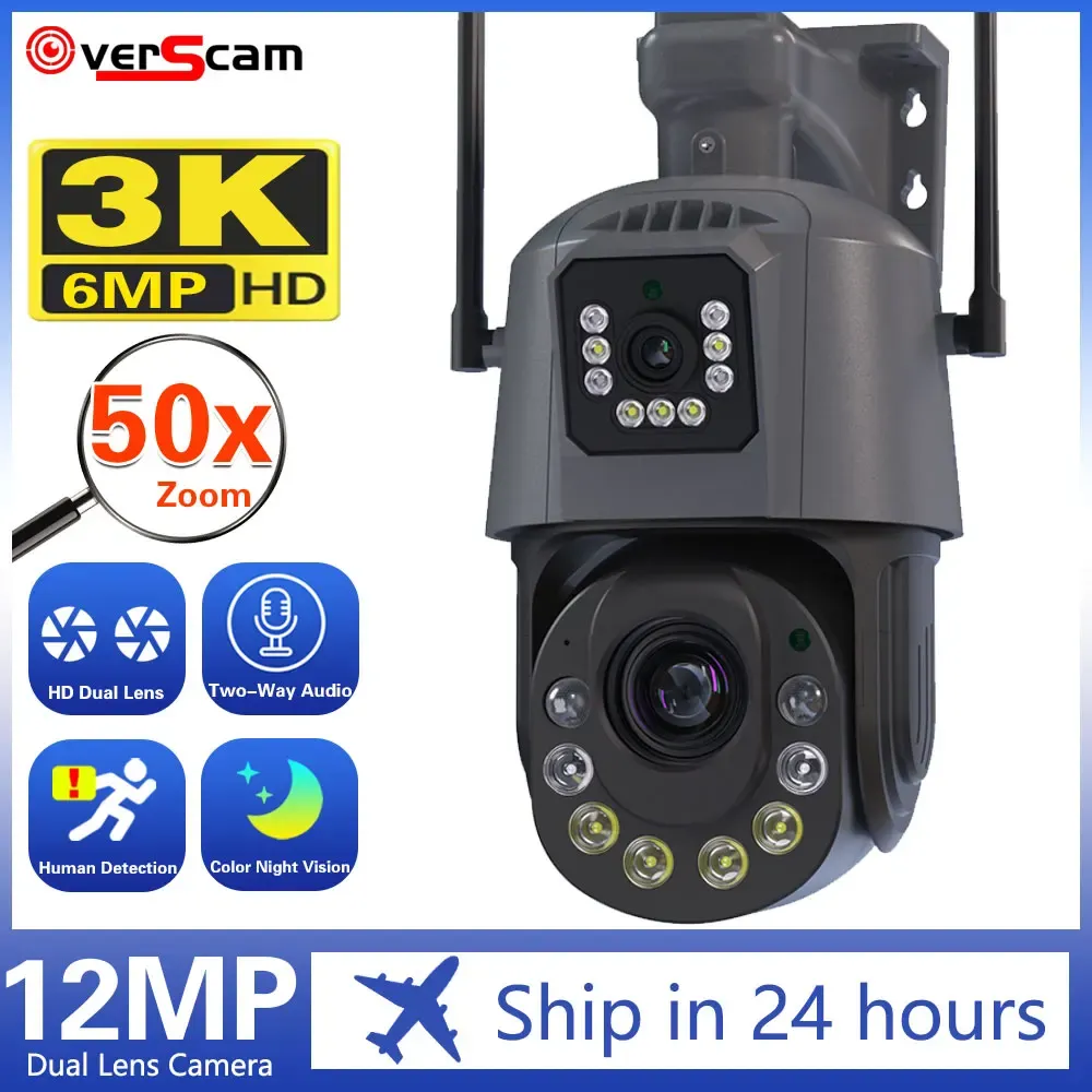 카메라 4K 8MP 금속 듀얼 렌즈 PTZ Wi -Fi 카메라 실외 50X 광학 줌 AI 인간 탐지 150m 야간 시력 6MP IP CCTV 카메라 ICSEE