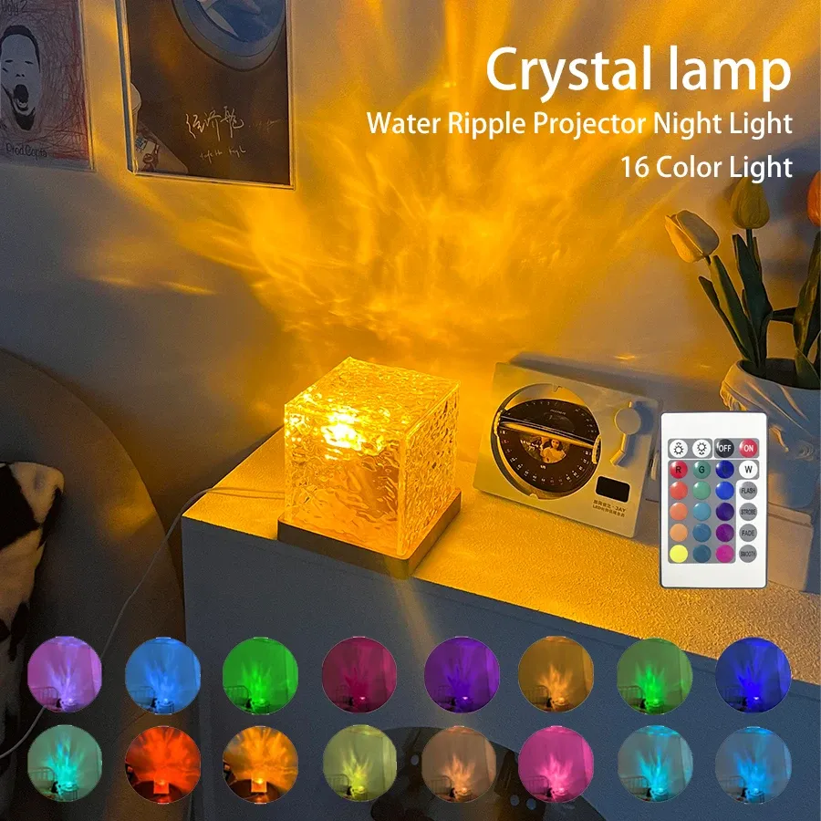 Groothandel dynamisch roterend water rimpel projector nachtlicht 3/16 kleuren vlam kristallen lamp voor woonkamer studie slaapkamer roterend licht