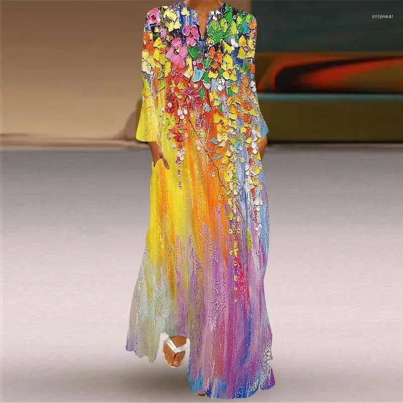 Casual Dresses 2024 Autumn Boho Beach Maxi för kvinnor Loose With Pocket Floral Colorful Print Fashion Temperament Robes