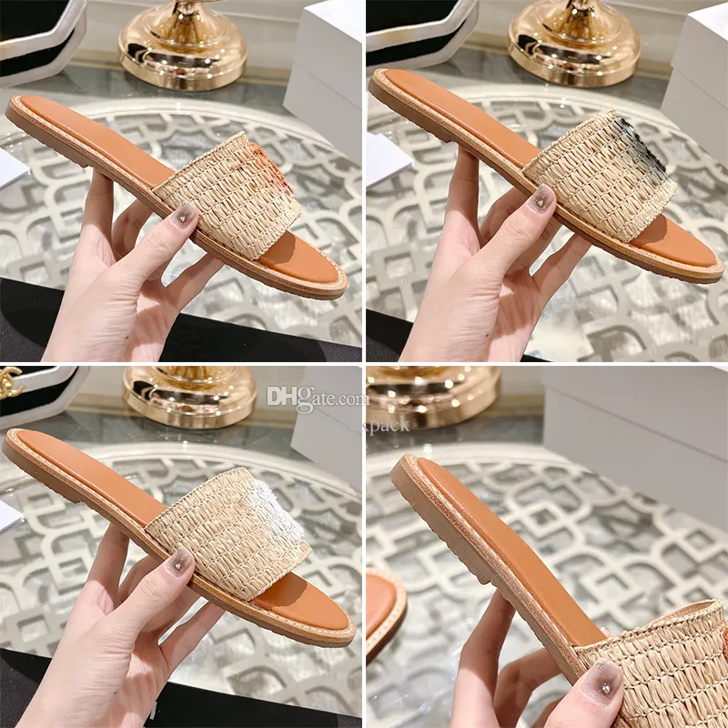 Straw Raffia Calf Leather Flat Slippers Stacked Leather Heel Round Toe Shaped Leather Outsole Rubber Insole Beige Black White Sizes 35-41