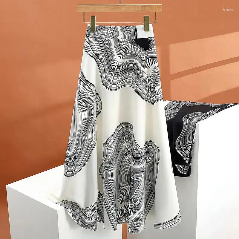 Skirts Women Clothing 2024 Summer Satin Skirt Printing Pattern High Waist A Line Elegance Umbrella Femme Faldas Aesthetic