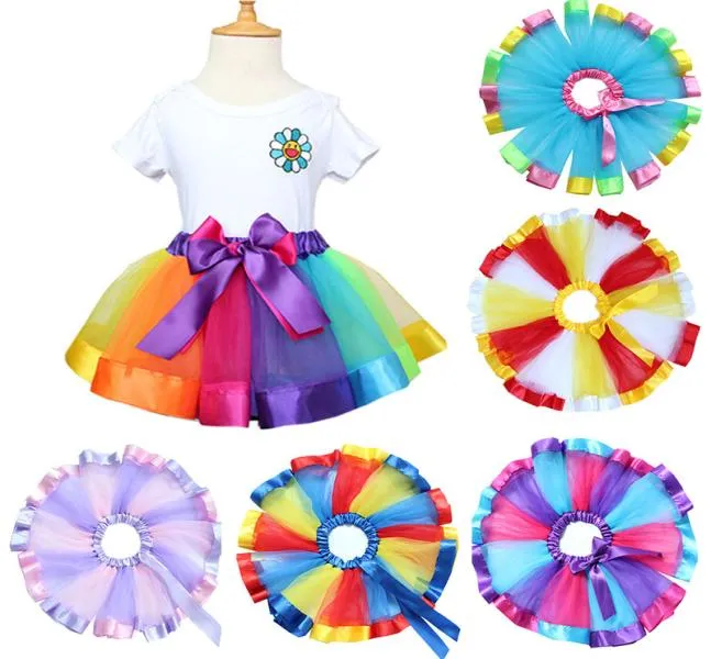 7Colors Rainbow Color Girls Tutu Skirts Nieuwe Ribbon Bowknot Children Princess Dance Rok Performatie Festival Party Kids Rokken GC52456052