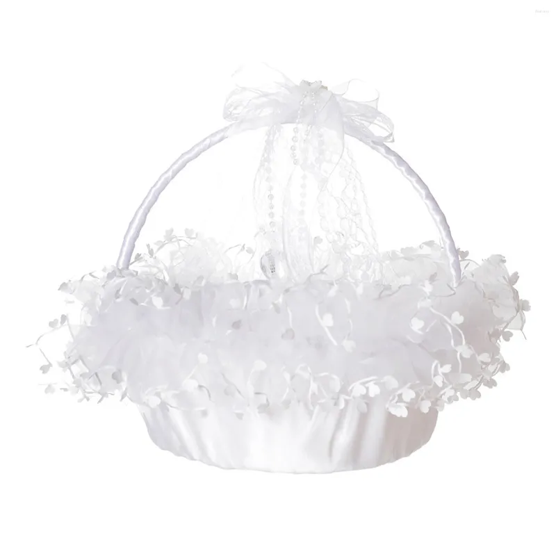 Party Decoration Pure White Wedding Flower Basket Bridal Girl Lace Romantic Ceremony