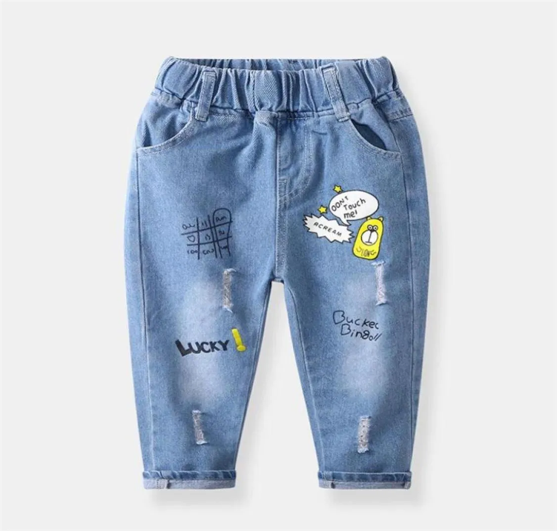 Pantaloni per bambini nuovi bambini cartone animato jeans bambini buca pantaloni denim baby elastico jean neonati vestiti 319a5540521