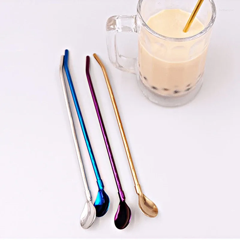 Drinking Straws Portable Tea Scoop Reusable Colored Stainless Steel Cocktail Coffee Stirring Spoon Mixing 3pc/lot