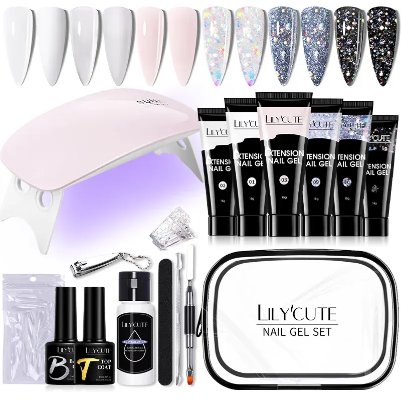 Satser Lilycute Manicure Set för 15 ml förlängningsgel nagellackuppsättning med lampa semi permanent glitter akryl diy byggnad gel nagelverktyg