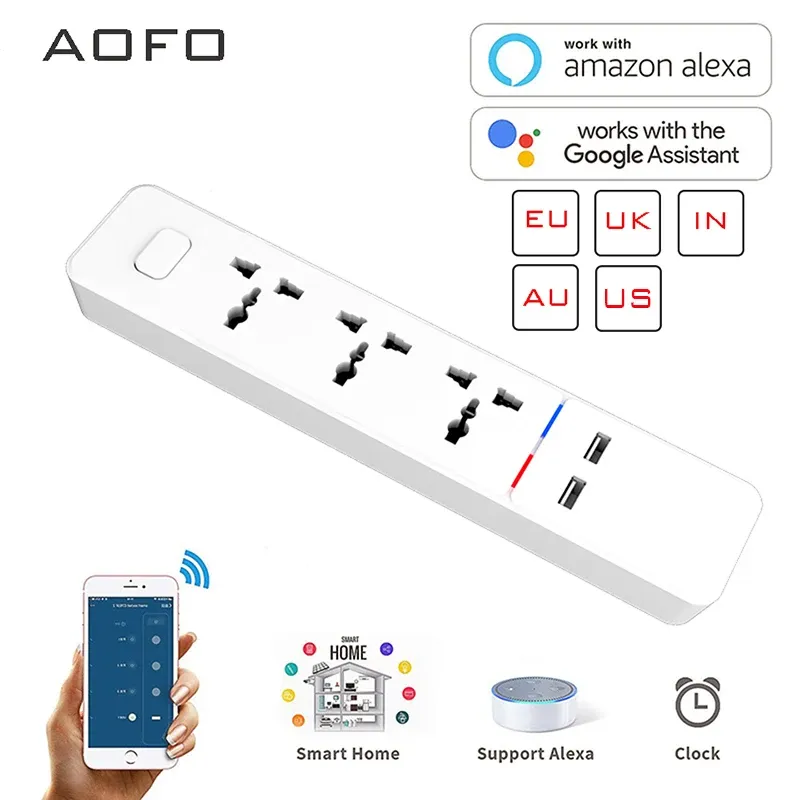 Adapters Wi -Fi Smart Power Strip Universal 3 소켓 2 USB 충전 스테이션 Alexa Google Home Assistant UK/AU/EU/India 플러그와 함께 작동합니다.