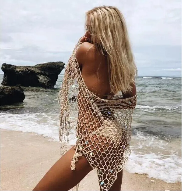 Ladies Beach Shawl Cover-ups Pure Cotton Sunsn Swim Symock Sexy Fishing Net Sequins Triangular Beach Handduk 150*50CM6929896