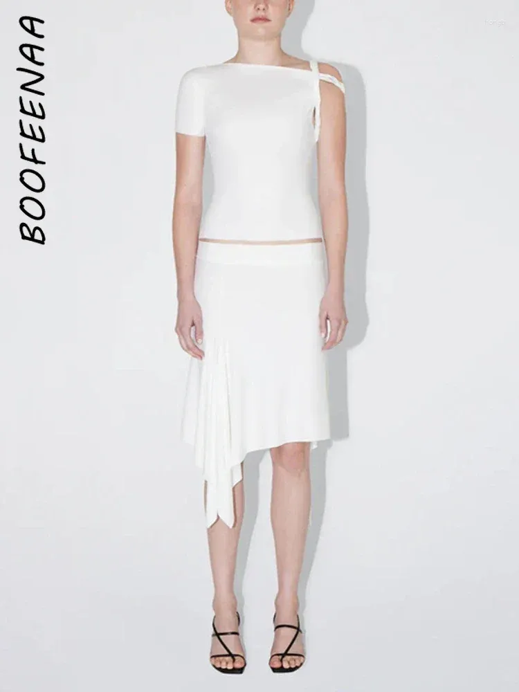 ワークドレスブーフィーナのセクシーな夏2ピース白い衣装女性非対称TISTワンショルダークロップトップとミディスカートマッチングセットC96-BC27