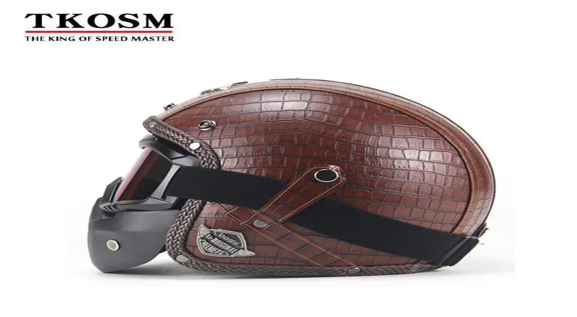 TKOSM Vintage 34 Leather Helmets Motorcycle Helmet Open Face Chopper Bike Helmet Motorcycle Helmet Moto Motocros Visor2337071