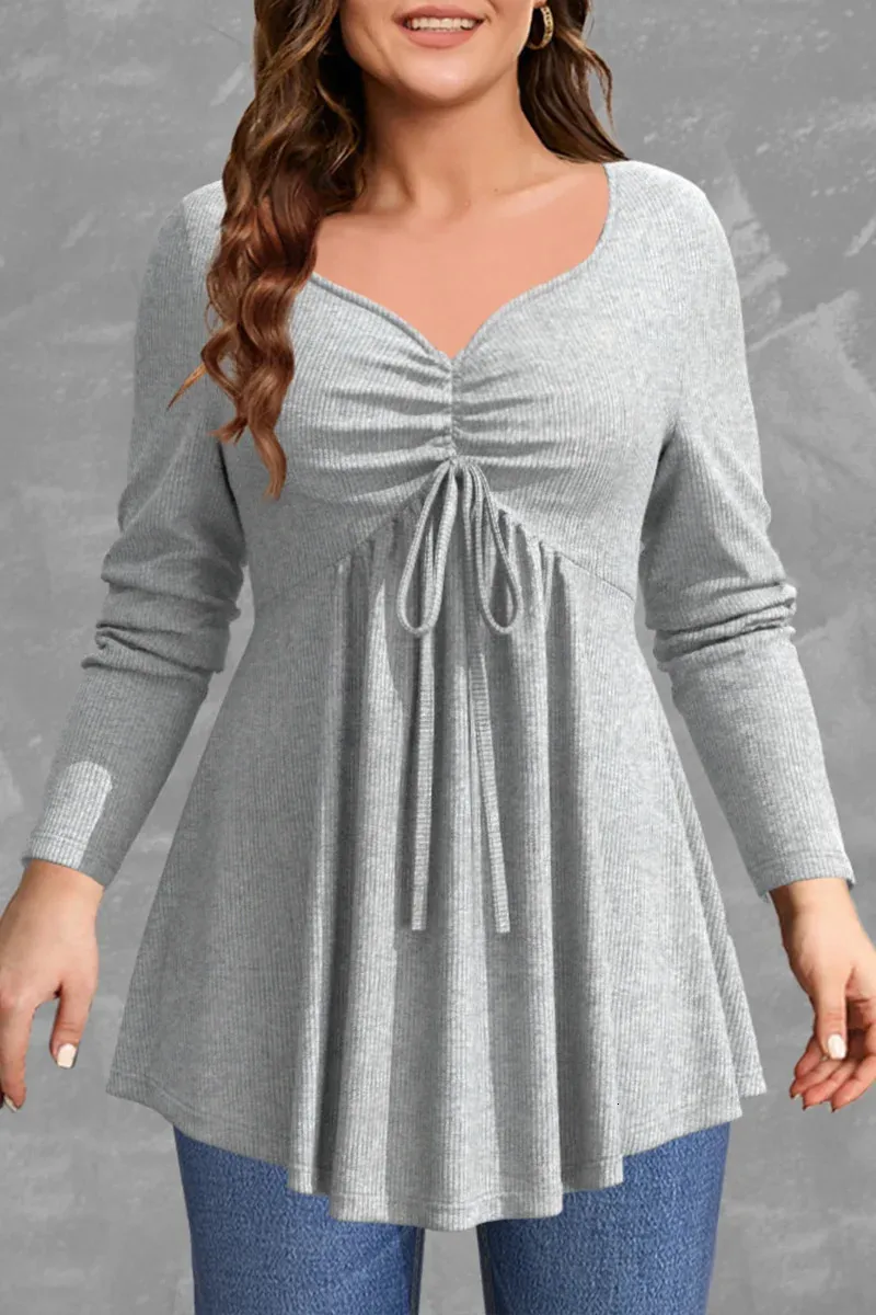 Plus Size Blouses Women Fashion Grey Rib Knit Drawstring V Neck Long Sleeve Office Work Ladies Shirts Casual Blouse Tops 240329